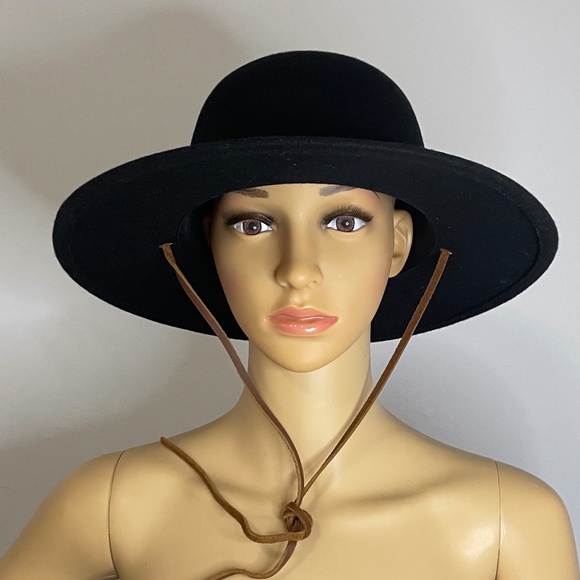 NWT black felt wide brim boho glam Brixton hat with brown suede drawstring tie. main image 13